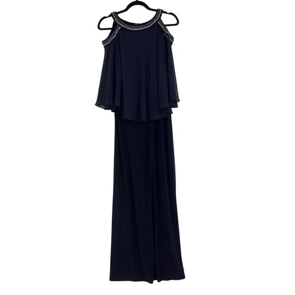 Alex Evenings Womens 6 Navy Cold Shoulder Popover Maxi Gown Beaded Neck OS15-13 - Picture 1 of 10